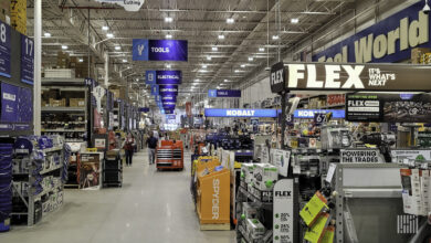 A view of the aisle in a Lowe's retail store.