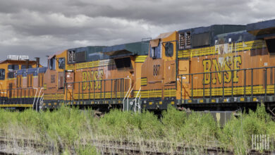 BNSF locomotives parked at a rail yard.