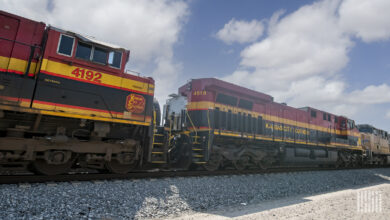 A freight train locomotive with Kansas City Southern emblazoned on the side.