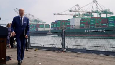 President Biden walks on a pier with container ships in the background.