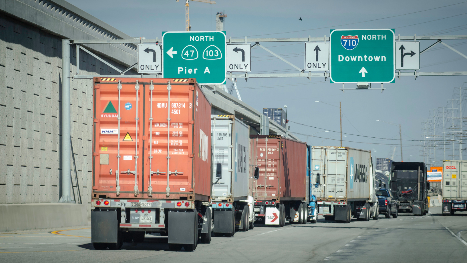 Trucks line up to enter Port of Los Angeles
