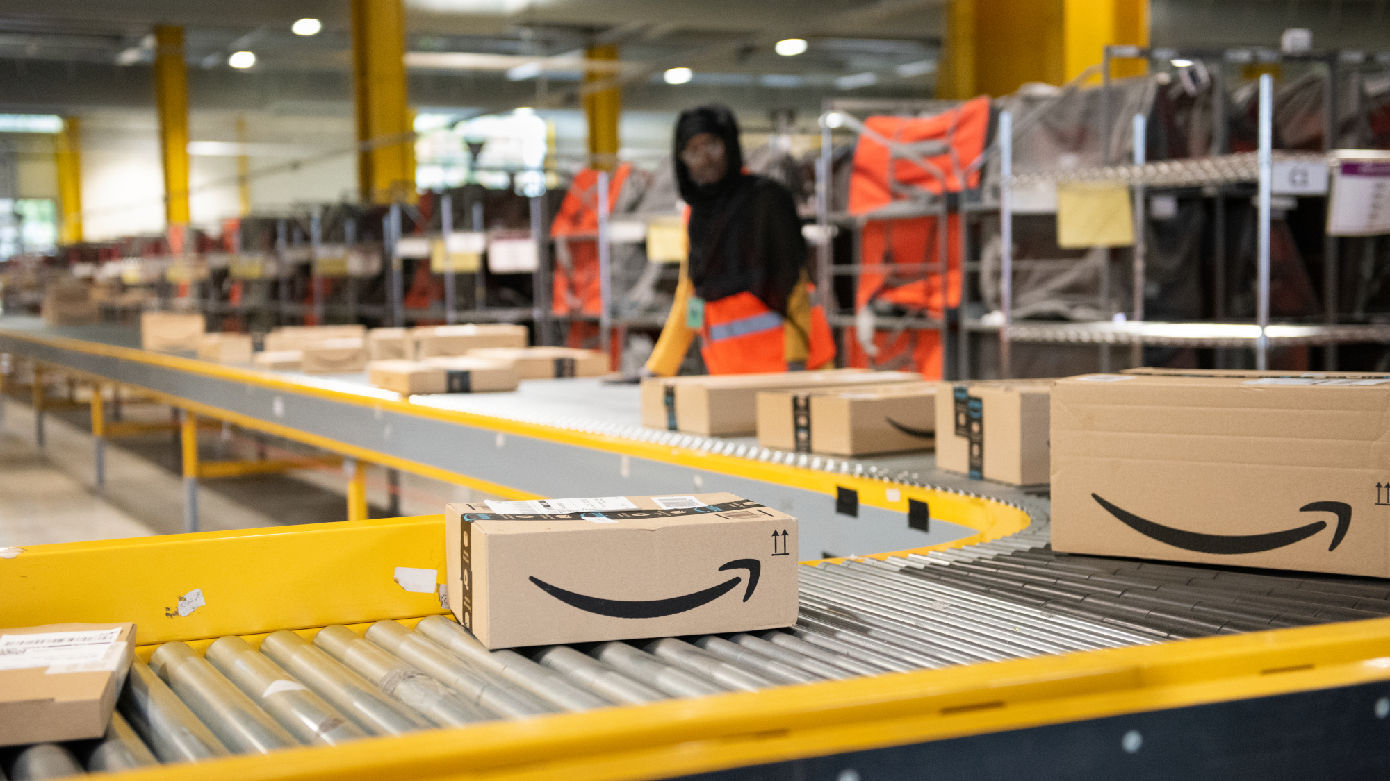 Amazon box moves on conveyor system