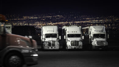 Trucks parked at night