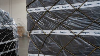 A close up of a shrink-wrapped pallet with Flexport lettering on the side.